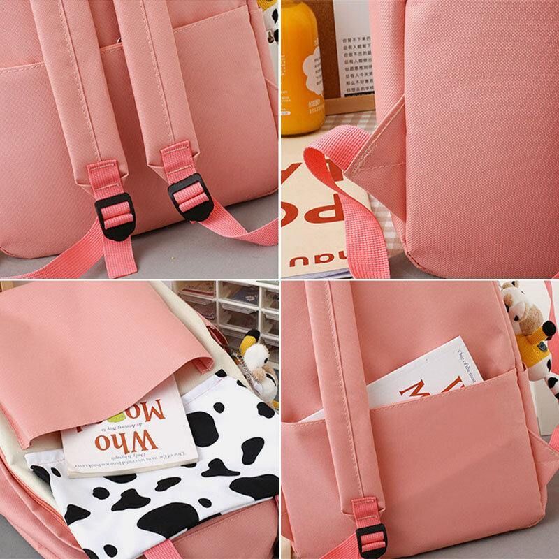 5 St Canvas Preppy Cow Pattern Multifunktionskombinationsväska Ryggsäck Tote Crossbody-Väska Clutchplånbok