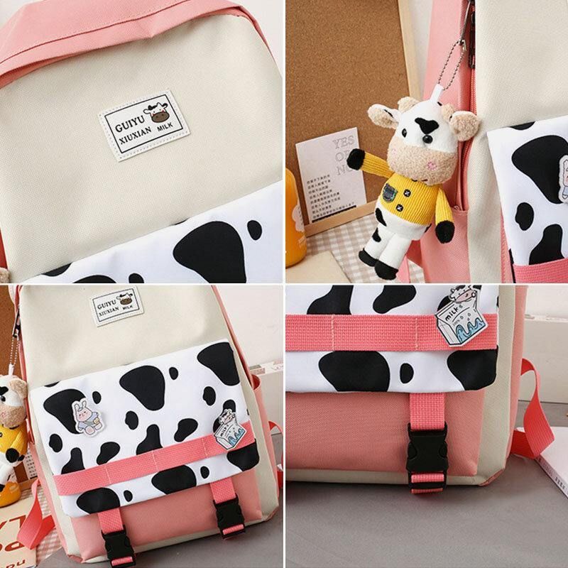 5 St Canvas Preppy Cow Pattern Multifunktionskombinationsväska Ryggsäck Tote Crossbody-Väska Clutchplånbok