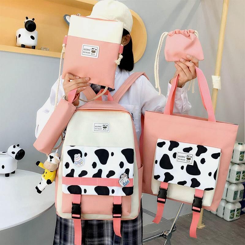 5 St Canvas Preppy Cow Pattern Multifunktionskombinationsväska Ryggsäck Tote Crossbody-Väska Clutchplånbok