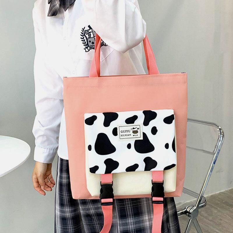 5 St Canvas Preppy Cow Pattern Multifunktionskombinationsväska Ryggsäck Tote Crossbody-Väska Clutchplånbok