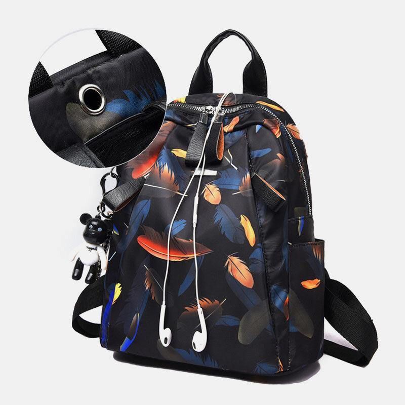 Kvinnor Oxford Butterfly Fjädermönster Stor Kapacitet Headset Hål Vattentät Stöldskydd Casual Ryggsäck