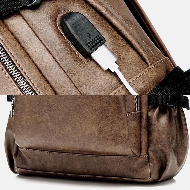 Män Pu-Läder Usb-Laddning Business Casual Vattentät 14 Tums Laptopväska Student Skolväska Justerbar Ryggsäck