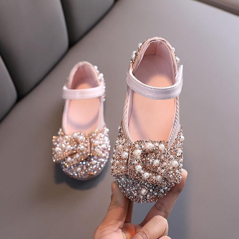 Girls Pearl Rhinestones Dekorerade Glänsande Skor