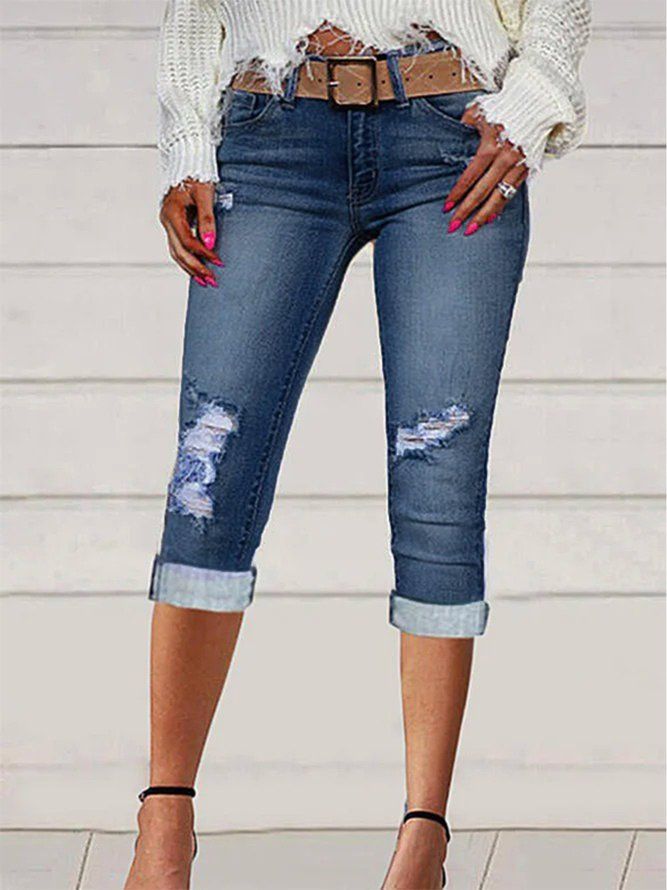 Enkla Slitna Casual Capris-Jeans