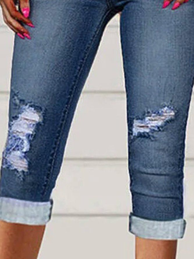 Enkla Slitna Casual Capris-Jeans