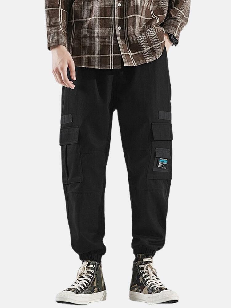 Herr Multi Pocket Applique Elastisk Ankel Dragsko Cargo Jogger Byxor