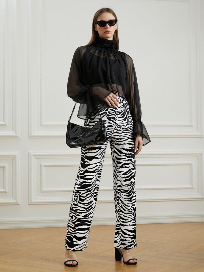 Långa Zebra Wide Leg Regular Fit-Byxor